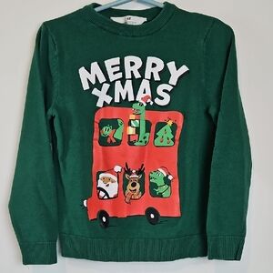 H&M Festive Green Merry Xmas Kids Sweater Size 6x/7